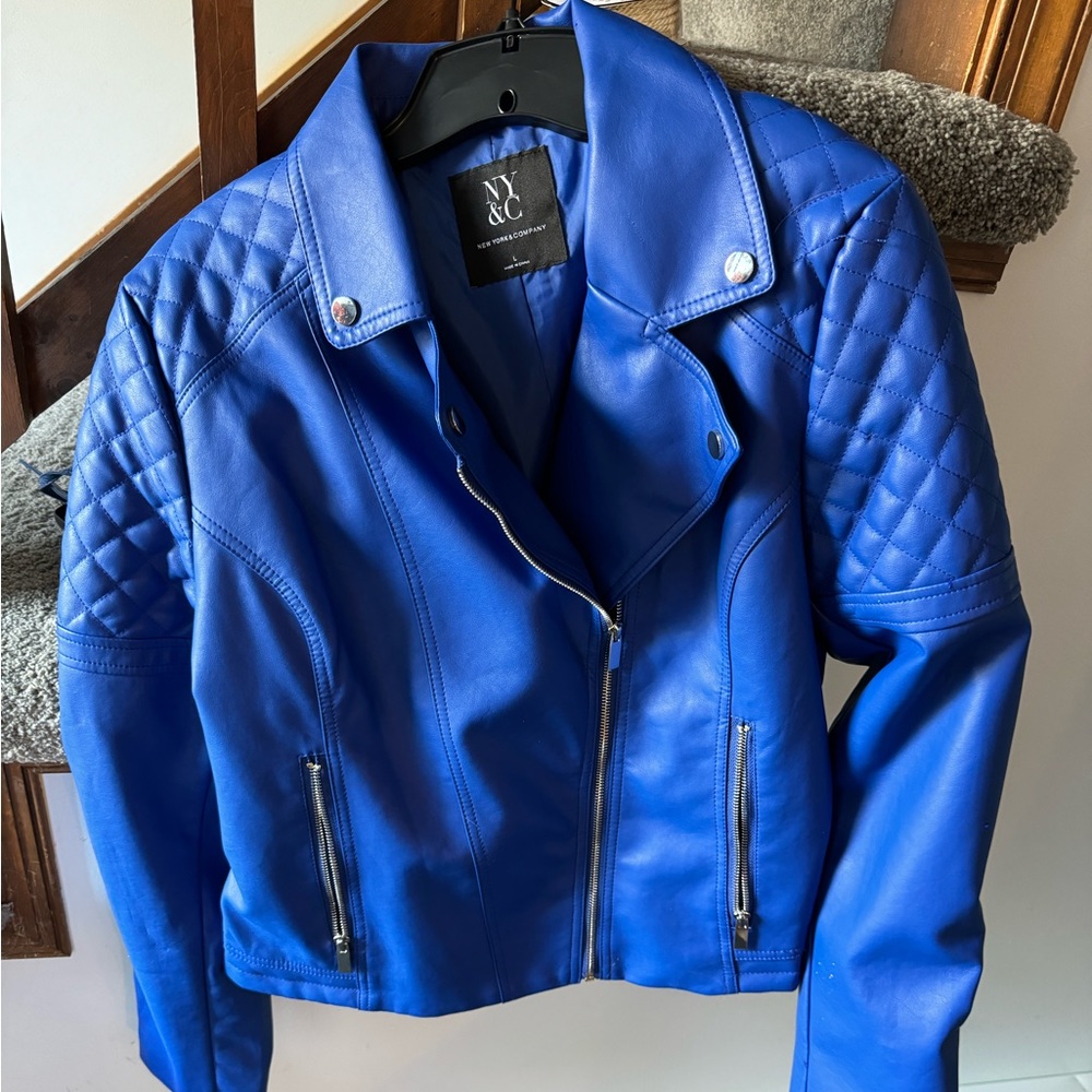 Blue Vegan Leather Moto Jacket size L